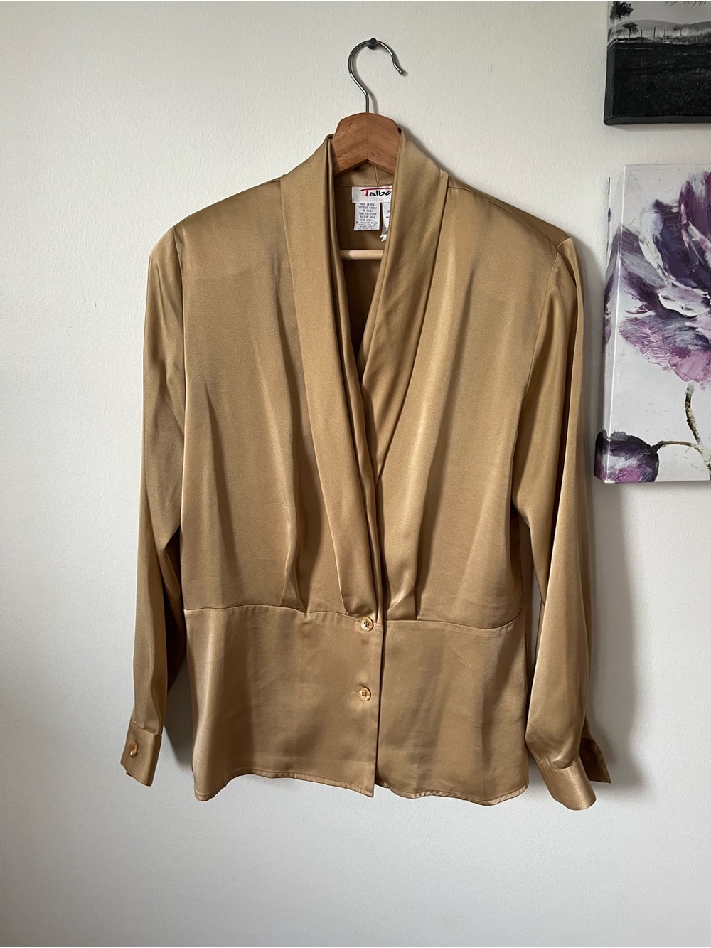 Talbots Gold Satin Draped Collar Blouse- Medium PTP 19.5 inch